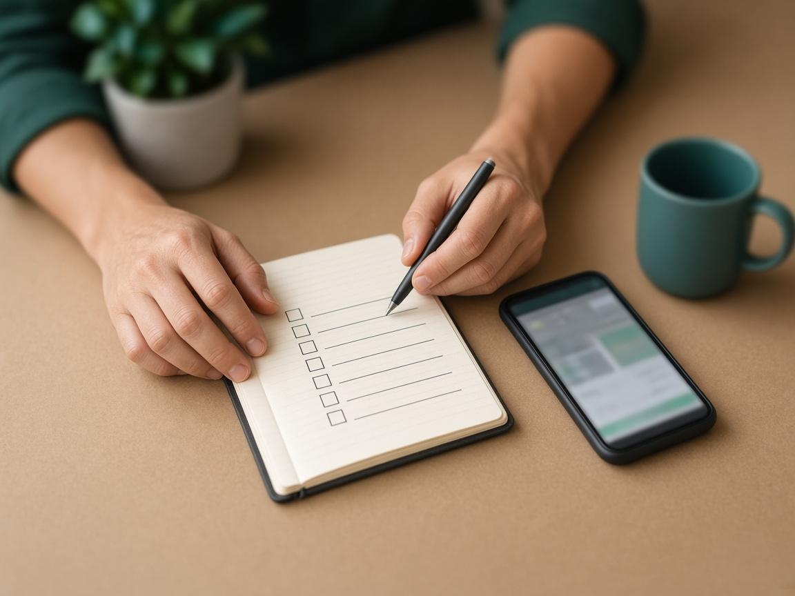 Desk with notebook checklist and phone used during product testing